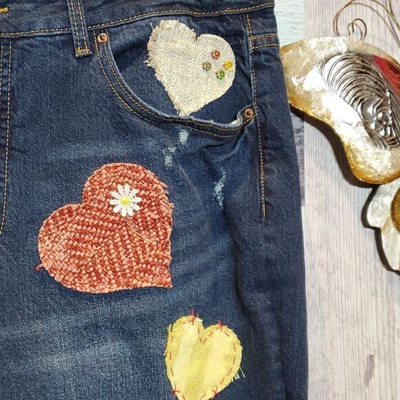 Upcycled Rust Gold Flowers Ruffle Beaded Lace Frayed BoHo Crop Jeans Sz 16 - Picture 8 of 13
